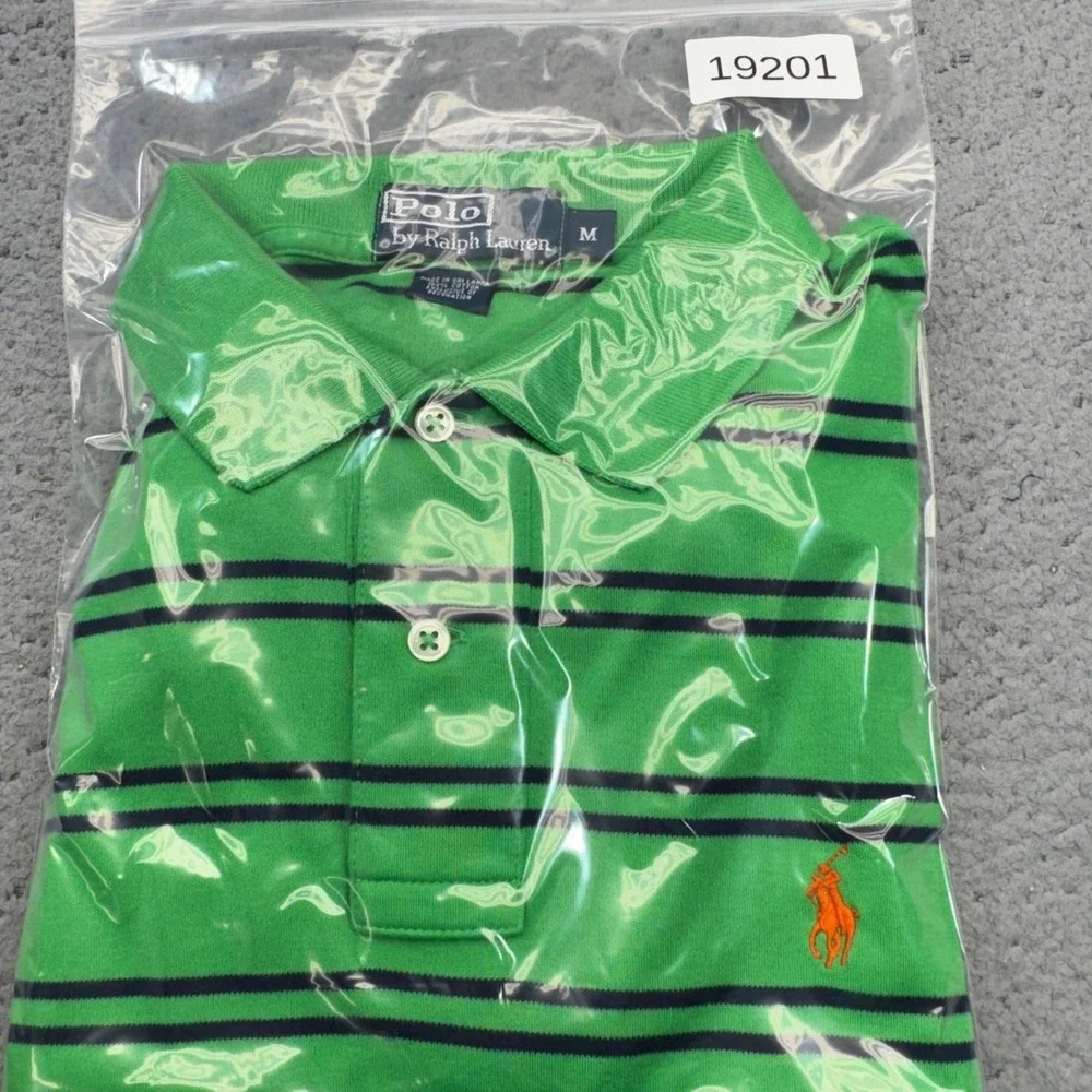 Ralph Lauren Polo Shirt Mens Medium Green Striped Orange Pony Preppy Casual